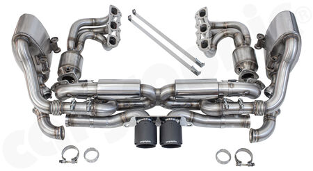 CARGRAPHIC Sport Exhaust System - - <b>GT3-look tailpipe center outlet</b><br>
- Cylinder-back system<br>
- with center silencer replacement X-pipe<br>
- and integrated exhaust valves<br>
- <b>SOUND / RACE SOUND Version</b><br>
<b>Part No.</b> PERP91KITXGT3