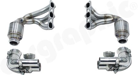 CARGRAPHIC Sport Exhaust System Kit 6 - - 2x200cpsi Ø130mm<br> 
&nbsp &nbspOBD2 HD Tri-metal catalytic converters<br>
- With integrated exhaust valves<br>
- For use with OE final silencer<br>
- Weight saving over OE system: 17,5kg<br>
- <b>Part.No.</b> PERP91GT3KIT6