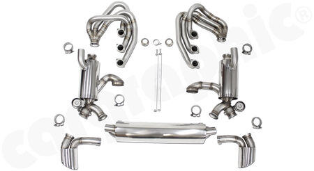 CARGRAPHIC GT Sport Exhaust System - - ID 42mm GT - Manifoldset<br>
- with heating<br>
- 2x 200 cpsi catalytic converters<br>
- 2x exhaust valves - <b>pressureless closed (PLC)</b><br>
- <b>dual flow AQ</b> sport rear silencer<br>
- Tailpipes: oval, Left and Right<br>
<b>Part No.</b> CARP64GTKITFLAP