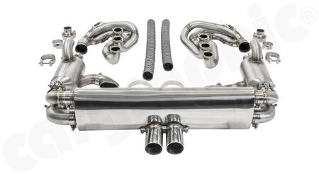 CARGRAPHIC GT Sport Exhaust System - - ID 45mm GT - Manifoldset<br>
- with heating<br>
- no catalytic converters<br>
- with pre silencers / resonators<br>
- 2x exhaust valves <b>pressureless closed (PLC)</b><br>
- <b>4>2 flow</b> sport rear silencer<br>
- Tailpipe variations Center Outlet<br>
<b>Part No.</b> CARP64GTKITCOFLAP4503