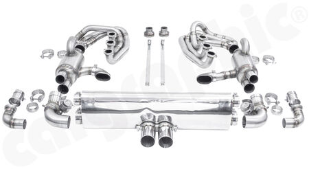 CARGRAPHIC GT Sport Exhaust System - - ID 42mm GT - Manifoldset<br>
- with heating<br>
- no catalytic converters<br>
- with pre silencers / resonators<br>
- 2x exhaust valves <b>pressureless closed (PLC)</b><br>
- <b>4>2 flow</b> sport rear silencer<br>
- Tailpipe variations Center Outlet<br>
<b>Part No.</b> CARP64GTKITCOFLAP3