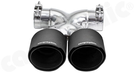 CARGRAPHIC Sport Double-End Tailpipe "X" - - 2x 100mm round<br> 
- <b>Visual-Carbon Matt finish / CARGRAPHIC Logo</b><BR>
- with stainless steel liner <b>matt-black</b><BR>
- for CARGRAPHIC and original rear silencer <br>
<b>Part No.</b> CARP82ER40XKEVTPCG