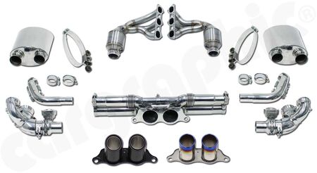 CARGRAPHIC Sport Exhaust System Kit 3 - Lightweight - - 2x200cpsi Ø130mm<br> 
&nbsp &nbspOBD2 HD Tri-metal catalytic converters<br>
- With integrated exhaust valves<br>
- Lightweight incl. final silencer repacement pipe<br>
- Weight saving over OE system: 11,5kg<br>
- <b>Part.No.</b> PERP91GT3KIT3LW
