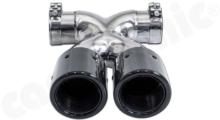 CARGRAPHIC Sport Double-End Tailpipe "X" - - 2x 89mm round<br>
- <b>Visual Carbon Gloss finish with stainless steel liners</b><br>
- for CARGRAPHIC and original rear silencer <br>
<b>Part No.</b> CARP82ER35RXKEVG