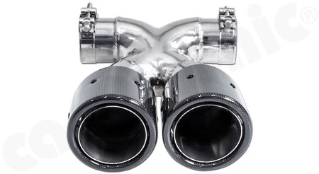 CARGRAPHIC Sport Double-End Tailpipe "X" - - 2x 100mm round<br>
- <b>Visual Carbon Gloss finish with stainless steel liners</b><br>
- for CARGRAPHIC and original rear silencer <br>
<b>Part No.</b> CARP82ER40RXKEVG