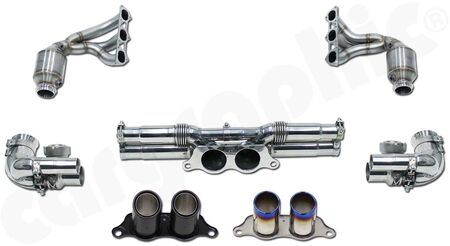 CARGRAPHIC Sport Exhaust System Kit 6 - Lightweight - - 2x200cpsi Ø130mm<br> 
&nbsp &nbspOBD2 HD Tri-metal catalytic converters<br>
- With integrated exhaust valves<br>
- Lightweight incl. final silencer repacement pipe<br>
- Weight saving over OE system: 21kg<br>
- <b>Part.No.</b> PERP91GT3KIT6LW
