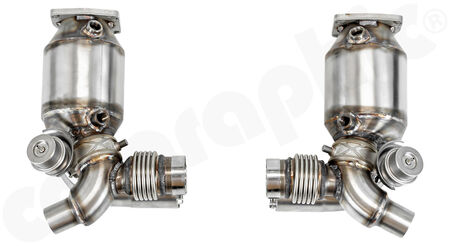 CARGRAPHIC Sport Catalytic Converter Set - - 2x200cpsi Ø130mm OBD2 Tri-metal catalytic converters<br>
- with integratd Exhaust Valves<br>
- only to be used with CARGRAPHIC final silencer <BR>
<b>Part.No.</b> PERP91TKATFLAPOBD2