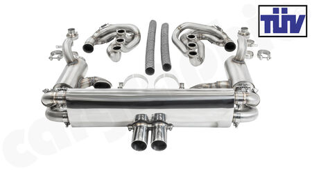 CARGRAPHIC GT Sport Exhaust System - - ID 45mm GT - Manifoldset<br>
- with heating<br>
- 2x 200 cpsi catalytic converters<br>
- no exhaust valves<br>
- <b>4>2 flow</b> sport rear silencer<br>
- Tailpipe variations Center Outlet<br>
<b>Part No.</b> CARP64GTKITCO45