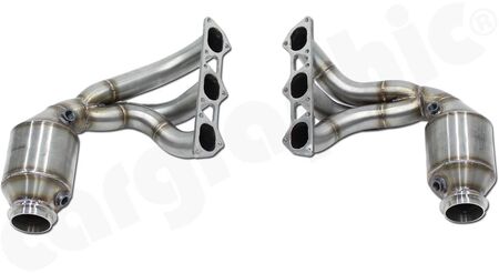 CARGRAPHIC Longtube Manifold Set - - with 2" / 50,8mm primary pipe diameter<br>
- 2x 100 cpsi Ø130mm HD Inconel PE catalytic converter<br>
- Not OBD2 compliant / ECU Upgrade required<br>
<b>Part No.</b> PERP91GT3FKR100