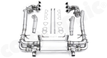 CARGRAPHIC Full Motorsport System - - Manifolds with 200cpsi OBD2 catalytic converter<br>
- OPF replacement pipes<br>
- Rear Silencer <b>TRACK / COMPETITION</b><br>
- Fitting kit with gaskets<br>
<b>Part No.</b> CARP82GT4SYS03