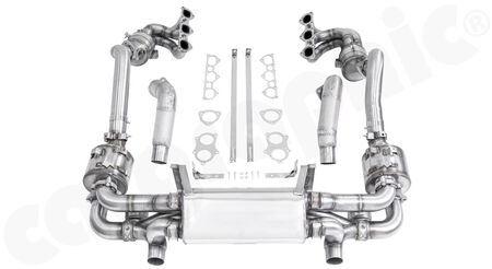 CARGRAPHIC Full Motorsport System - - Manifolds with 200cpsi OBD2 catalytic converter<br>
- Flow-optimized OPF not monitored<br>
- Rear Silencer <b>TRACK / COMPETITION</b><br>
- Fitting kit with gaskets<br>
<b>Part No.</b> CARP82GT4SYS02