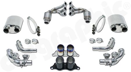 CARGRAPHIC Sport Exhaust System Kit 3 - - 2x200cpsi Ø130mm<br> 
&nbsp &nbspOBD2 HD Tri-metal catalytic converters<br>
- With integrated exhaust valves<br>
- For use with OE final silencer<br>
- Weight saving over OE system: 7,5kg<br>
- <b>Part.No.</b> PERP91GT3KIT3