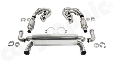 CARGRAPHIC GT Sport Exhaust System - - ID 45mm GT - Manifoldset<br>
- no heating<br>
- 2x 100 cpsi catalytic converters<br>
- <b>dual flow AQ</b> sport rear silencer<br>
- <b>RSR-look</b> tailpipes with <b>740mm</b> CTC<br>
<b>Part No.</b> CARP64GTKITLHRH7404501