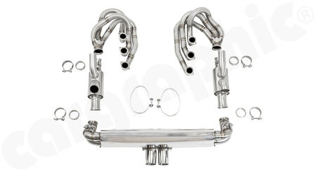 CARGRAPHIC GT Sport Exhaust System - - ID 42mm GT - Manifoldset<br>
- with heating<br>
- no catalytic converters<br>
- with pre silencers / resonators<br>
- no exhaust valves<br>
- <b>4>2 flow</b> sport rear silencer<br>
- Tailpipe variations Center Outlet<br>
<b>Part No.</b> CARP11GTKITCO96404