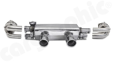 CARGRAPHIC Turbo-Back Sport Exhaust System - <b>- PSE Look -</b><br>
- to be used with PSE-look tailpipes<br>
- 2x exhaust valves, <b>pressureless open</b><br>
- 2x 200cpsi Ø130mm HD Tri-Metal catalytic converters<br>
- fully OBD2-compliant<br>
<b>Part No.</b> CARP912PSEKITTB