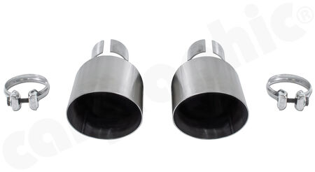 CARGRAPHIC Sport Tailpipe Set - - 2x 100mm round open<br>
- <b>lightweight</b> construction<br>
- <b>stainless steel brushed</b><br>
- Adapter kit for fitting to OEM rear silencer<br>
<b>Part No.</b> CARP82GT4ER2100OE