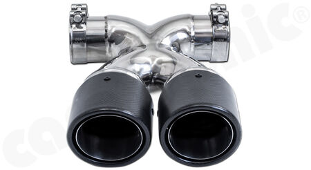 CARGRAPHIC Sport Double-End Tailpipe "X" - - 2x 89mm round<br> 
- <b>Visual-Carbon Matt finish with stainless steel liner</b><BR>
- for CARGRAPHIC and original rear silencer <br>
<b>Part No.</b> CARP82ER35RXKEV