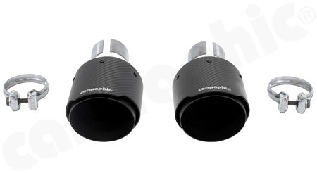 CARGRAPHIC Sport Tailpipe Set - - 2x 100mm round<br> 
- <b>Visual-Carbon Matt finish / CARGRAPHIC Logo</b><BR>
- with stainless steel liner <b>matt-black</b><BR>
- Adapter kit for fitting to OEM rear silencer<br>
<b>Part No.</b> CARP82GT4ER2100KEVTPCGOE